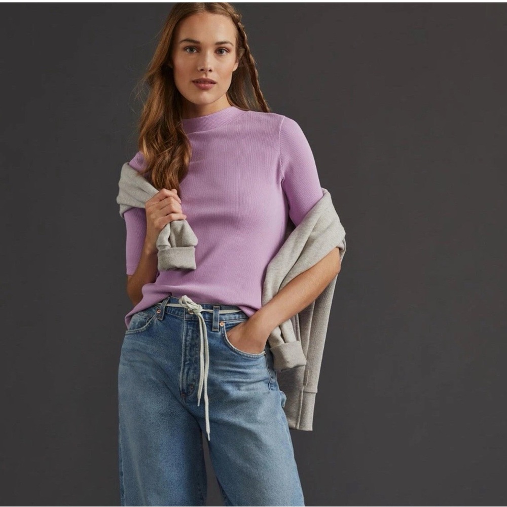 Maeve x Anthropologie Short Sleeve Ribbed Mock Neck Lilac Tee, Size XS